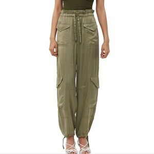 GANNI Washed Satin Pants Cargo Relaxed Green 38 M L